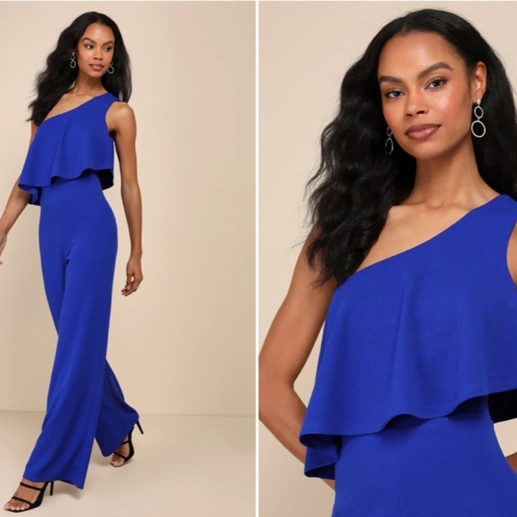 LULU's Sexy Chic Sophisticated Wedding Cocktail One Shoulder Wide Leg Jumpsuit - Picture 3 of 5